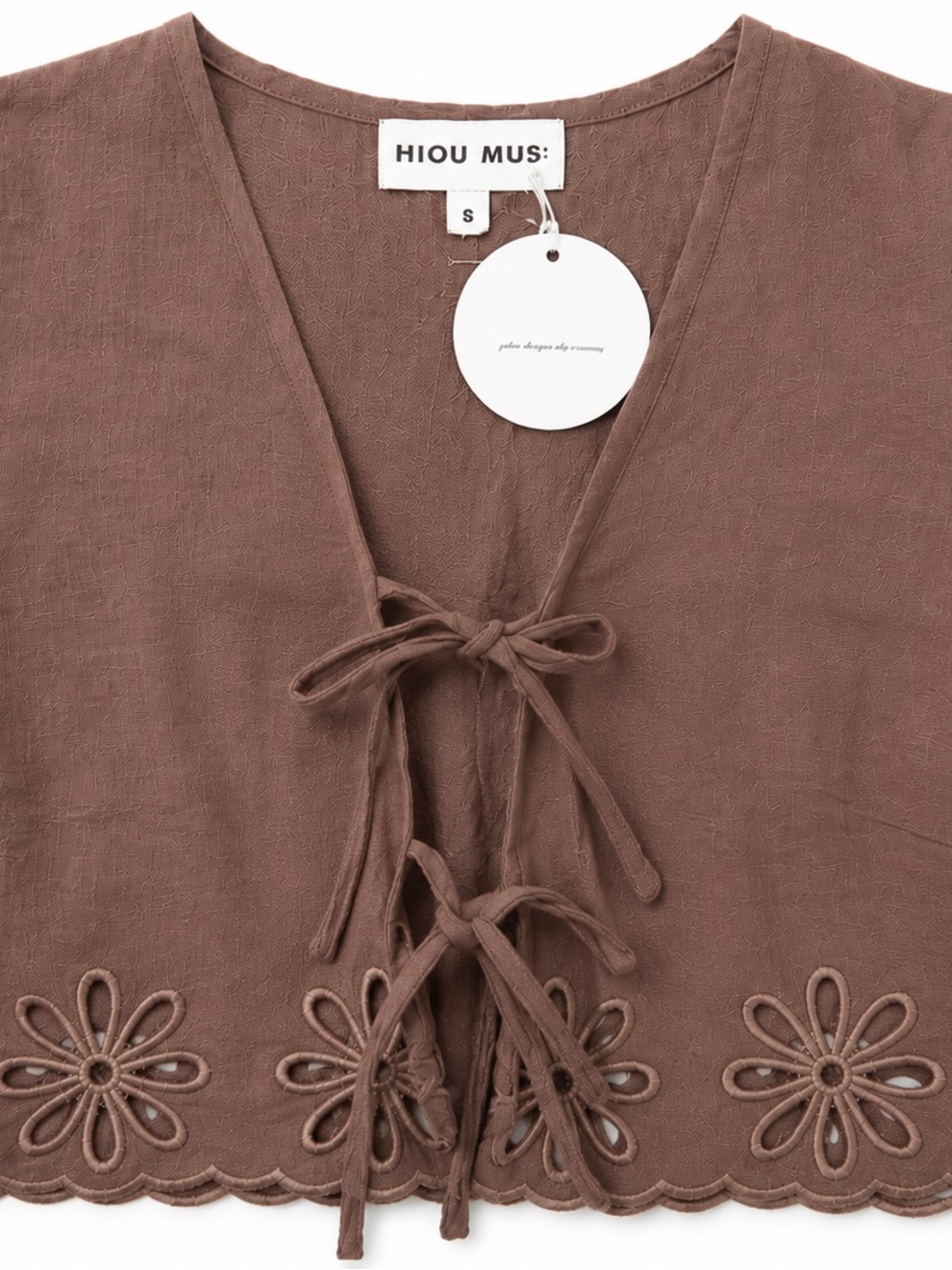 Miou Muse Linen Blend Tie Front Embroidered Floral Eyelet Crop Top Brown Small